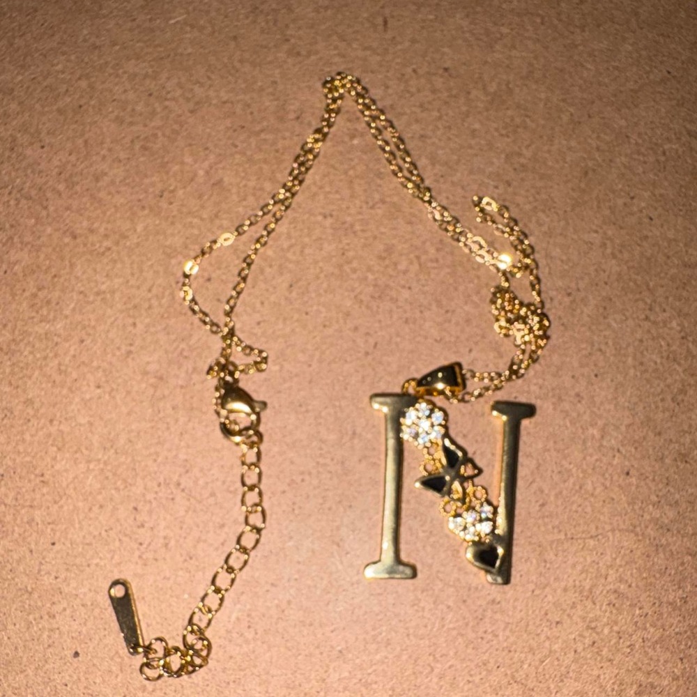 Stainless steel Gold necklace with letter 'N' and diamond-like embellishments